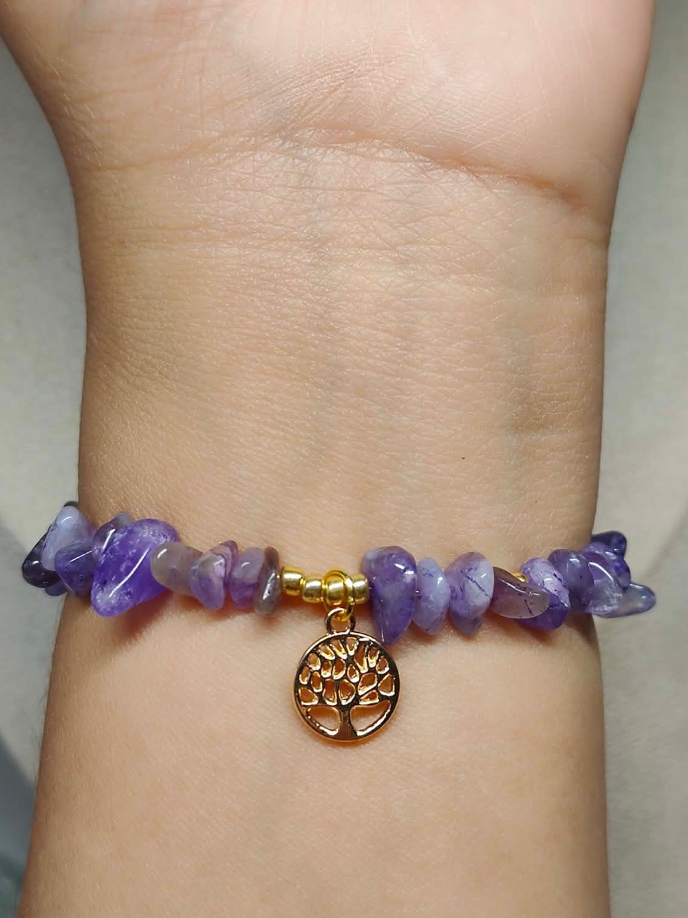 Amethyst Chip Bracelet with Tree of Life Charm - Purple